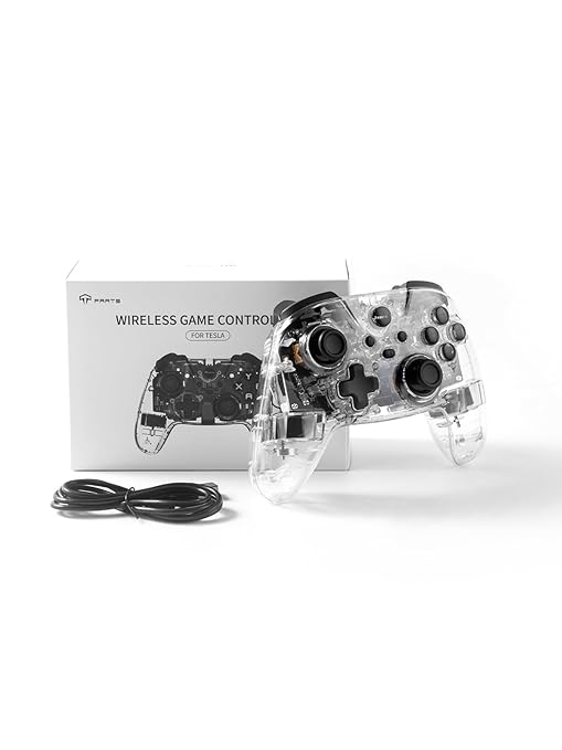 TPARTS Multi-Device Crystal Clear Wireless Game Controller for Tesla Model 3/Y/S/X, Compatible With Switch/STEAM Deck/PC/Tesla, 7-Colors LED Mode (Set of 2)