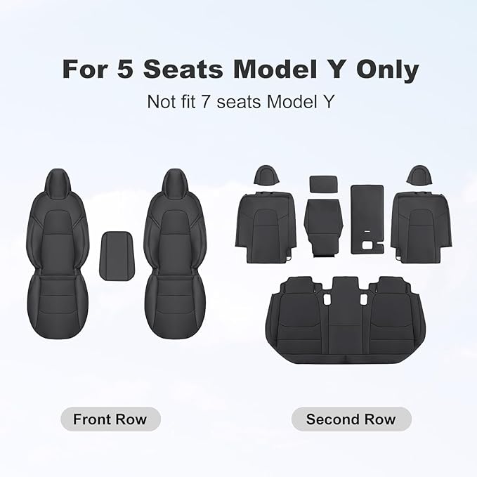 Tesla Model Y Car Seat Covers Nappa Leather Car Interior Seat Airbag Compatible Cushion Cover Full Set Custom Fit 2024 2023 2022 2021 2020, Nappa Black