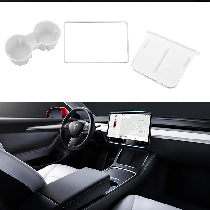 3PCS Center Console Accessories for Tesla Model Y 2021-2024 and Model 3 2021-2023 Cup Holder Insert, Screen Edge Protector Frame, Silicone Wireless Charger Mat, White