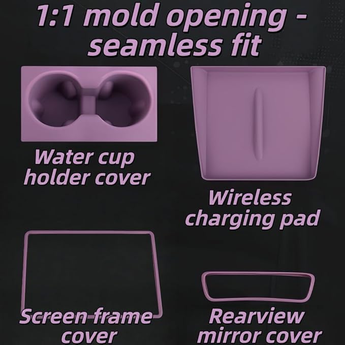4PCS Silicone Center Console Accessories Kit for Tesla Center Console Mat Cup Holder Insert Screen Edge Protector Frame Mirror Frame Protectors (Purple Model Y Juniper/3 Highland)