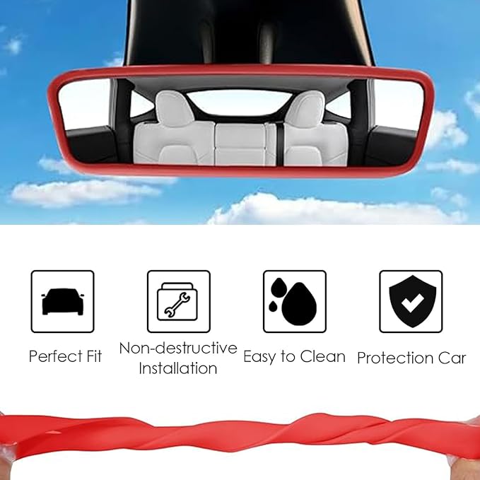 2PCS Protector Trim Frame Compatible with Tesla Model 3 Y 2019-2024 2025 Screen Edge Frame Rearview Mirror Cover Interior Silicone Decorations Center Console Decor Highland Juniper Accessories (Red)