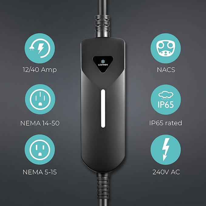Lectron Level 1/2 (12A & 40A) Tesla NACS EV Charger - Dual-Level Electric Vehicle Charging Station with NEMA 14-50/5-15 Plug - Portable Electric Car Charger for All NACS Electric Vehicles