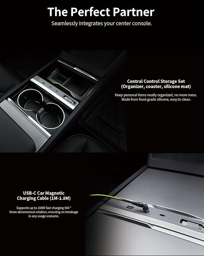 JOWUA 130W LED Hub Compatible for Tesla New 2025 Model Y, Reengineered Model 3 Highland (2024+), Two Type-C Ports, one USB-A Port, and a Type-C Cable