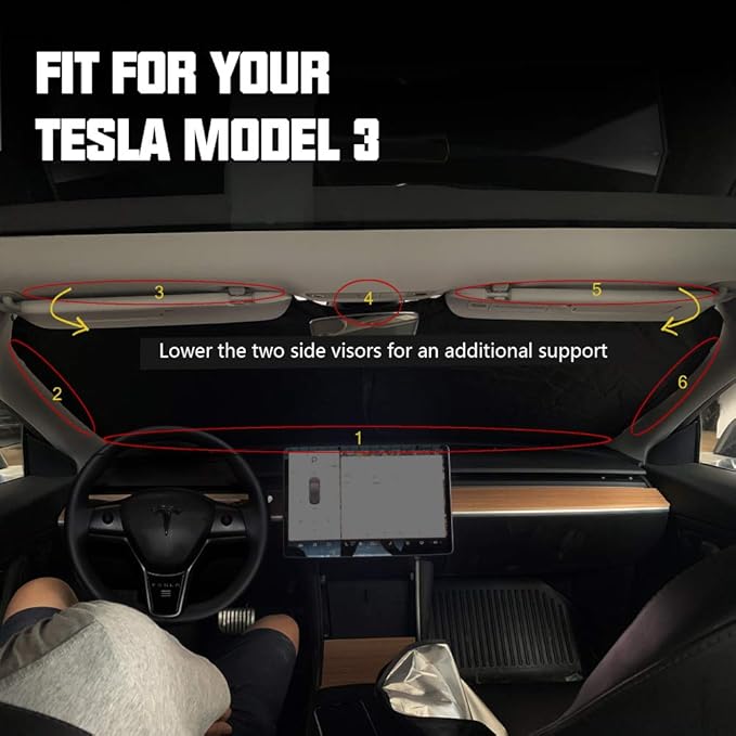 ROCCS Windshield Sun Shade Compatible with Tesla Model 3/Model Y 2016-2026 - 210T Double Layer Blocking Fabric Foldable Heat Shield Sun Visor - Folding Sunshade with Elastic Rope and Storage Bag