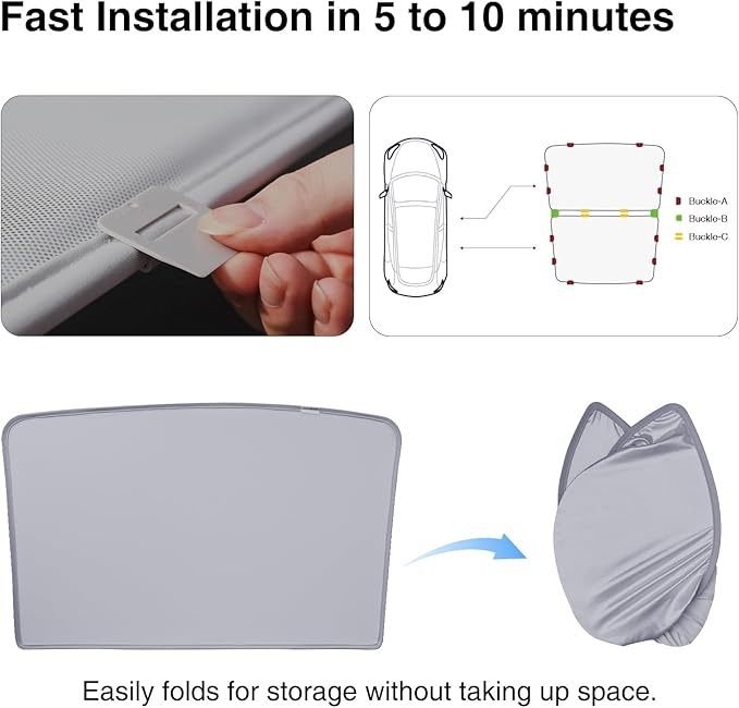 Tesla Model Y Sunshade Roof Nano Ice-Crystal Coatings Blocks of UV Buckle Fixing No-Sag No Gaps Portable Foldable Sunshade for Model Y 2020-2024 Gray Sunshade