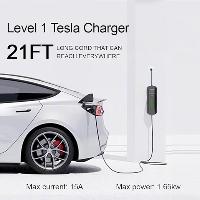 Portable Tesla Charger Level 1, 15Amp 110V, 1.65KW Tesla Electric Vehicle Charger, 21Ft Extension Cord, Plug-in Electric Car Home Charging Station,Compatible with All Tesla Models X/Y/3/S