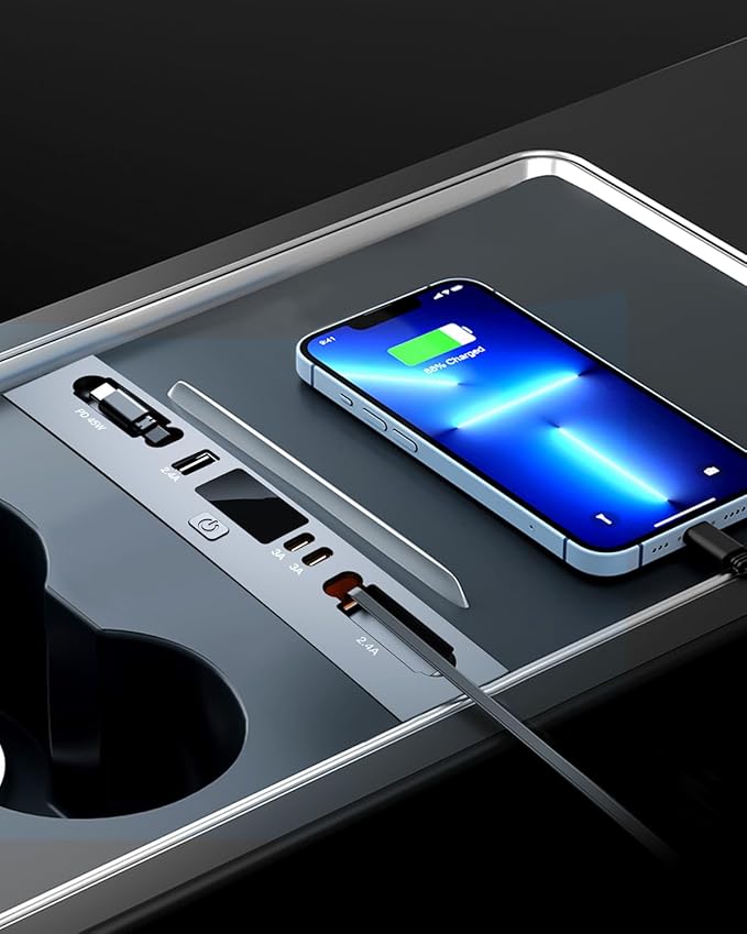 Car USB Charger Multi Port for 2024 2025 Tesla Model 3 Highland & New Model Y Juniper 2026,Multifunctional Tesla Accessories Retractable Cable,Tesla USB hub,Gifts for Tesla Owners.