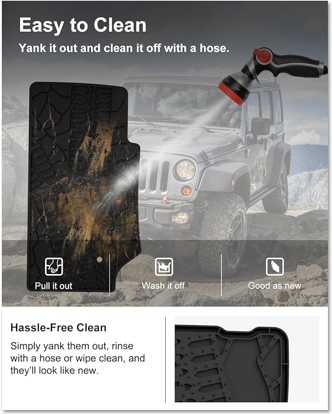 KIWI MASTER Floor Mats for 2007-2013 Jeep Wrangler JK 2-Door, Custom Fit All Weather Car Mats, Heavy Duty TPE Floor Liners, Front & Rear 2 Row, Black