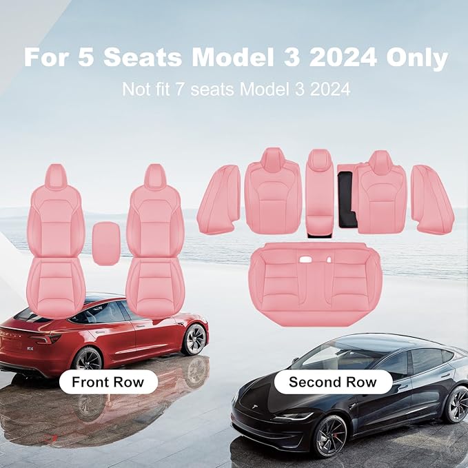 2024-2025 Tesla Model 3 Highland Upgraded Car Seat Covers Nappa Leather Car Interior Airbag Compatible Cushion Cover Full Set Custom Fit Model 3, Nappa Pink
