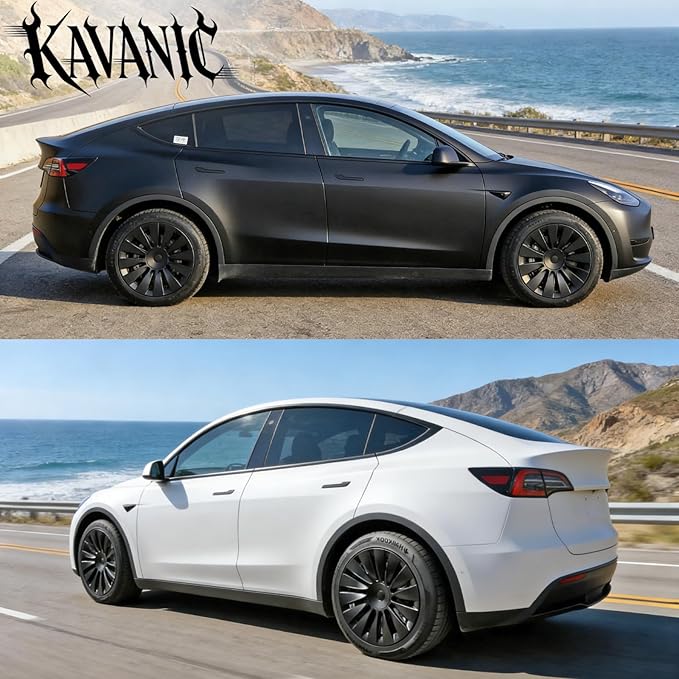 KAVANIC 4Pcs Wheel Cover Fits for Tesla Model Y 19Inch ABS Matter Black Hubcaps for 19" Gemini Wheels Long Range, Wheel Covers Fit for Model Y 2020-2024 Induction Style Rim Protector (RWD/AWD)