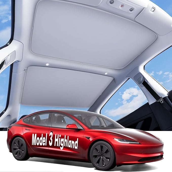 2024 2025 2026 Tesla Model 3 Highland Glass Roof Sunshade with Nano Ice-Crystal Coating, Retractable Heat Insulation Sunroof Shade, Sun Protection Roof Cover for Tesla Model 3