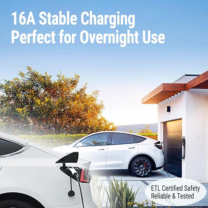 Portable Level 1/2 EV Charger 16A 110V-240V, 25FT Electric Car Charger with Adjustable Current Delay Timer, ETL Certified Waterproof SAE J1772 NACS Compatible Home Travel EV Charging Cable