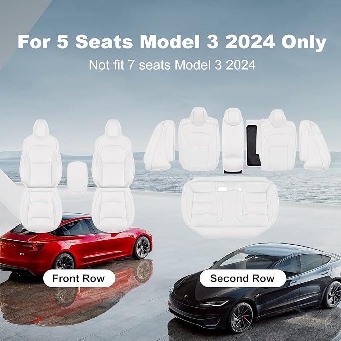 2024 Tesla Model 3 Highland Upgraded Car Seat Covers Nappa Leather Car Interior Airbag Compatible Cushion Cover Full Set Custom Fit Model 3, Nappa White