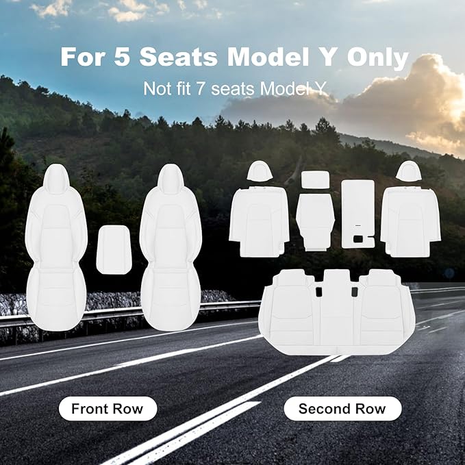 Tesla Model Y Car Seat Covers Nappa Leather Car Interior Seat Airbag Compatible Cushion Cover Full Set Custom Fit 2024 2023 2022 2021 2020, Nappa White