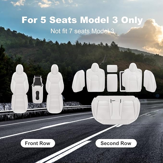 Tesla Model 3 Car Seat Covers Nappa Leather Car Interior Seat Airbag Compatible Cushion Cover Full Set Custom Fit 2023 2022 2021 2020 2019 2018, Nappa White