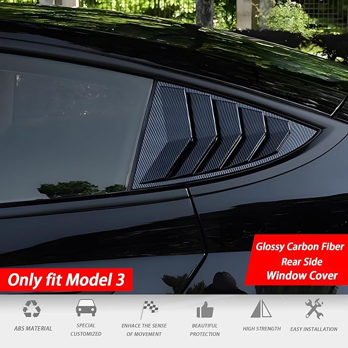 for Model 3 Rear Side Window Shutter Cover Louver Sport Style Exterior Decoration fit for Tesla Model 3 2017-2024 2025 Highland Accessories (Glossy Carbon Fiber Pattern)