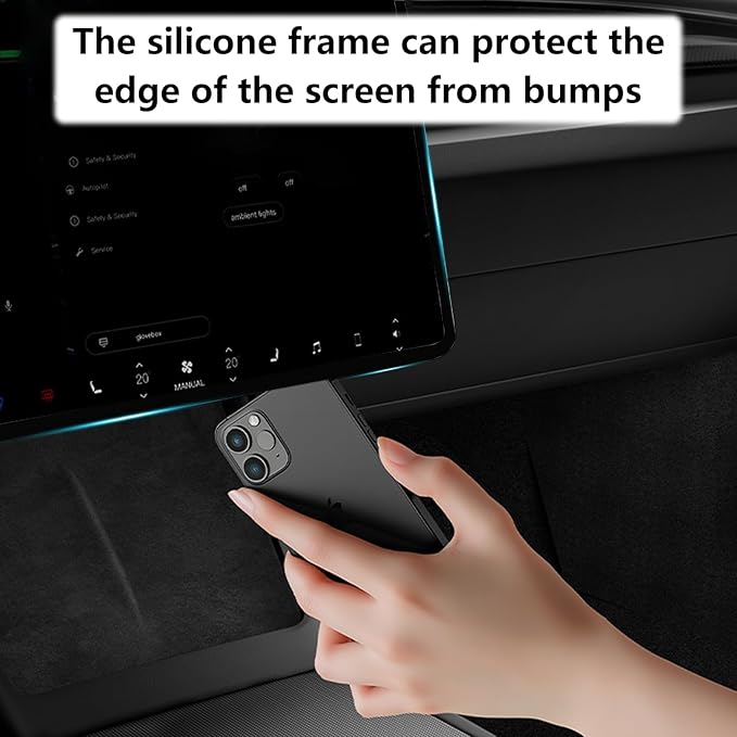 4PCS Center Console Wireless Charger Mat Silicone for 2025 Tesla New Model Y Juniper Cup Holder Insert, Screen Edge Protector Frame, Rear View Mirror Cover Decoration Accessories(Black)