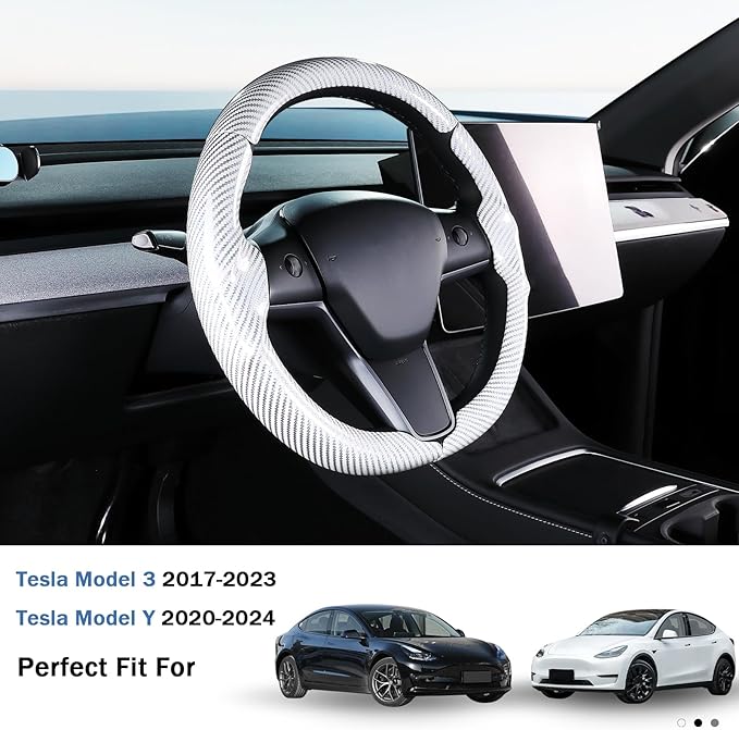 Steering Wheel Cover for 2017-2023 Tesla Model 3 2020-2024 Tesla Model Y, Carbon Fiber Steering Wheel Cover for Tesla Model 3/Y Accessories, Glossy White