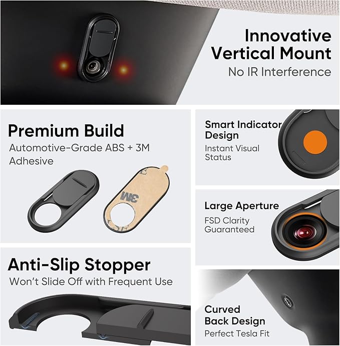 Camera Cover Slide 2 Pack for Tesla Model Y 3 X S Interior Cabin Camera Privacy Cover Accessory with Orange Indicator Vertical Design Anti-Blind Spot Slider Shield, No Block IR FSD & Autopilot Safe