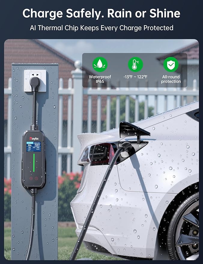 Raylix 32A Level 2 Fast Charger for Tesla, Adjustable Current, Delay Charge, Smart Display, 7.68KW Mobile/Home Charger for Tesla, 21ft Cable, Connector for Model X/Y/3/S/Cybertruck, NEMA 14-50 Plug