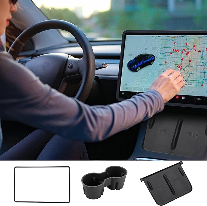 3PCS Center Console Accessories for Tesla Model Y 2021-2024 and Model 3 2021-2023 Cup Holder Insert, Screen Edge Protector Frame, Silicone Wireless Charger Mat, Black