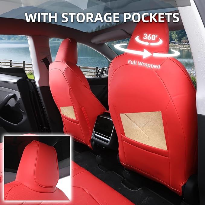 Tesla Model Y Seat Covers 2025 2026 Full Coverage Nappa Leather Car Seat Cover Interior Full Set Accessories Airbag Compatible Cushion Cover Custom Fit(Red,5-Seater)