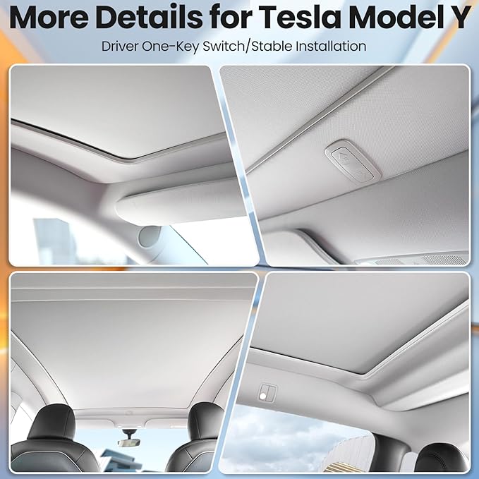 Electric Sunshade Roof for Tesla Model Y Juniper, Heat Insulation Glass Roof for Tesla Model Y Juniper 2026 2025, 5 Layer 99.9% UV Protection, Interior Gray Hidden Wires Single Front Switch