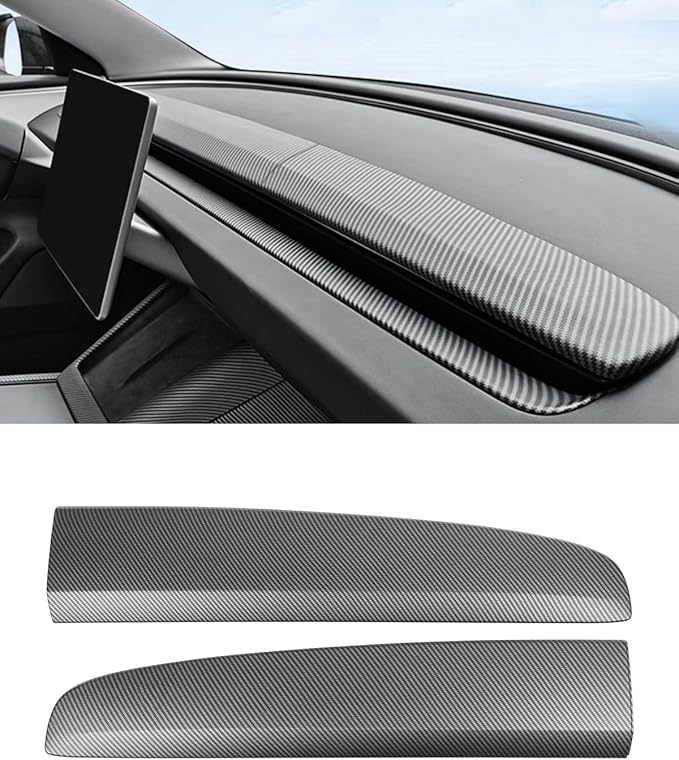 KKTR-CAR Dashbooard Cover 2pcs ABS Dashboard Panel Trim Cover Sticker Compatible with Tesla Model Y Juniper 2025 2026 Model 3 Highland 2024-2026 (Matte Carbon Fiber)