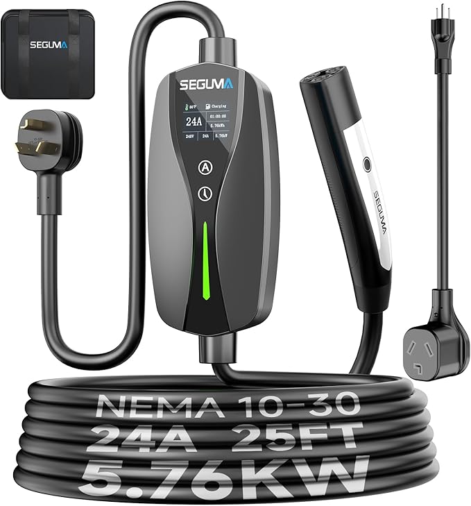 SEGUMA Level 1/2 Tesla Charger (10A-24A)-Dual Voltage 240V NEMA 10-30 3-Prong Dryer Outlet Plug & 120V NEMA 5-15 Adapter, 25ft Extension Cable, Portable Home Mobile NACS Connector for Model Y/3/S/X