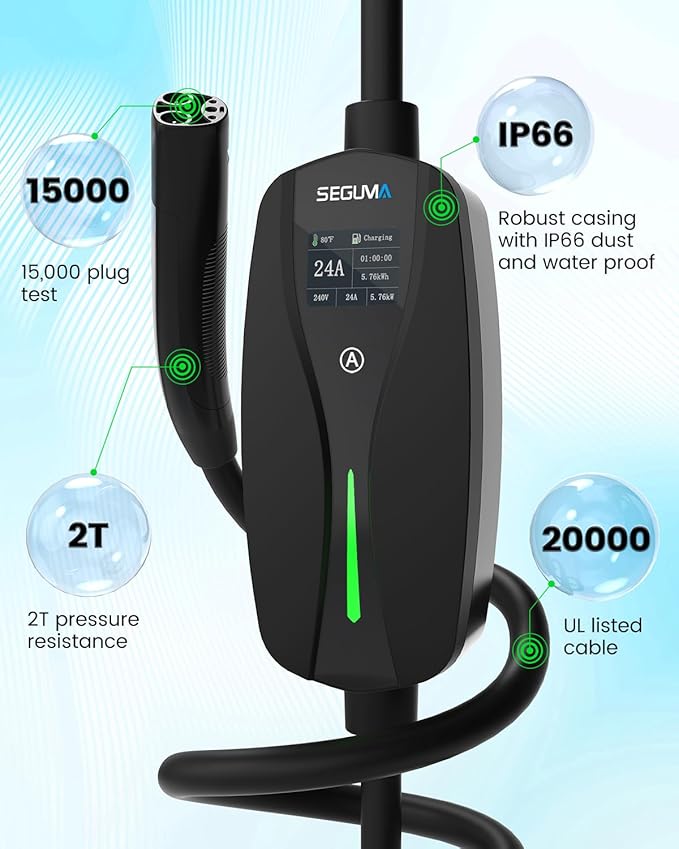 SEGUMA Level 2 Tesla Charger-24Amp 240V, NEMA 14-30 Plug, 25FT Extension Cable, Adjustable Current (10-24A)-Portable Home Mobile EV Charger for Model Y/X/3/S/Cybertruck, Fit 4-Prong Dryer Outlet