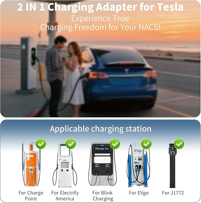 2 In1 CCS & J1772 to Tesla Adapter, 250KW Fast CCS1 to Tesla Charging Adapter, ONLY Fit for Tesla Model Y, 3, S, X, Compatible with Level 1 2 3 Charging Stations with CCS1& J1772 Plug