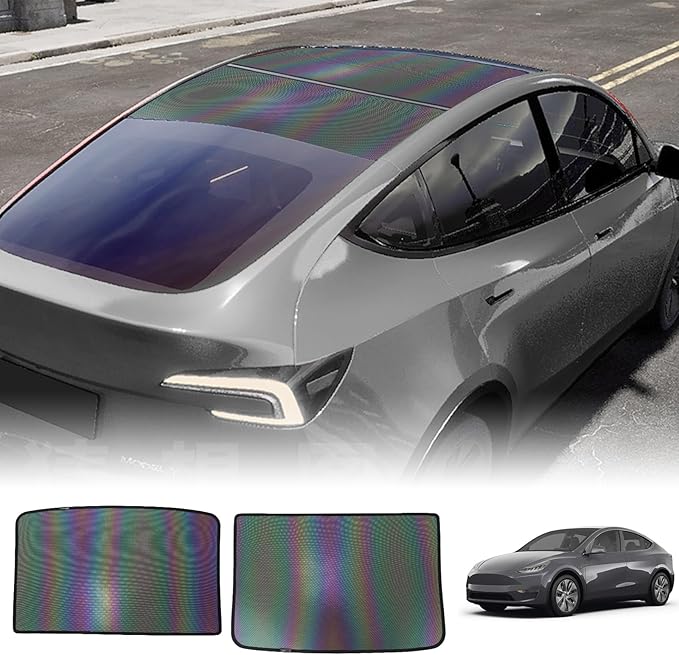 ROCCS Sunshade Roof for Tesla Model Y 2020-2024 Colorful Ice Crystal Glass Roof Sunshade Sunroof No-Sag Design Retractable Sunshade Heat Insulation Roof Window Sun Protection Snap Foldable (Black)