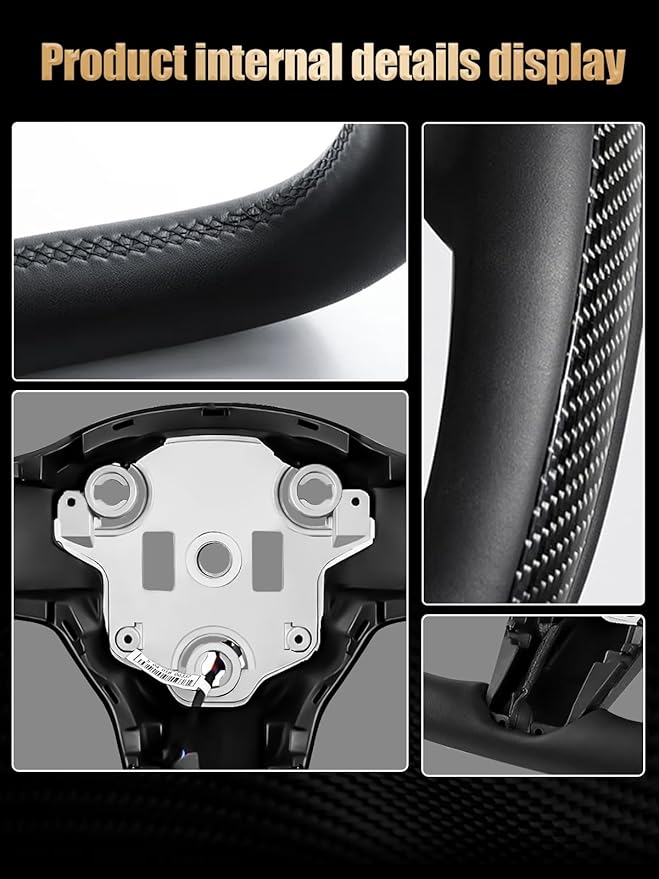ZIMABLUE Yoke Steering Wheel Personalized Yoke Steering Wheel, Nappa Leather with Side Glossy Carbon Fiber without Front Trim for Tesla Model 3 2017-2023, Model Y 2019-2024 With Heating Function