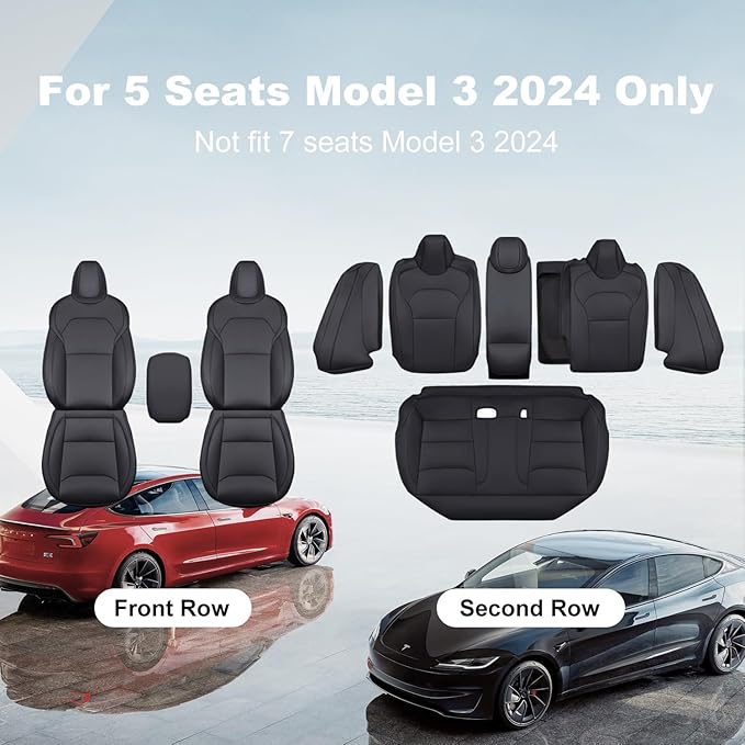 2024-2025 Tesla Model 3 Highland Upgraded Car Seat Covers Nappa Leather Car Interior Airbag Compatible Cushion Cover Full Set Custom Fit Model 3, Nappa Black
