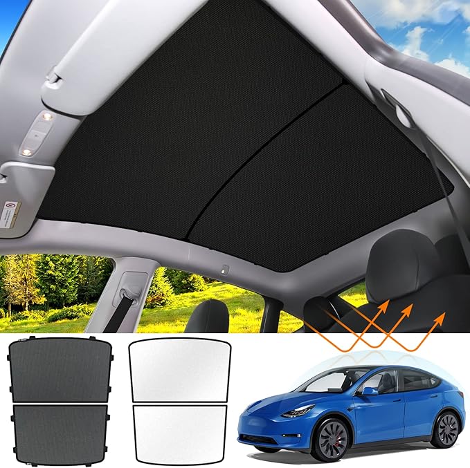 Tesla Model Y Sunroof Sunshade Glass Roof Sunshade Foldable Compatible with Tesla Model Y 2023 2022 2021 2020 Upgrade (4 Piece Set)