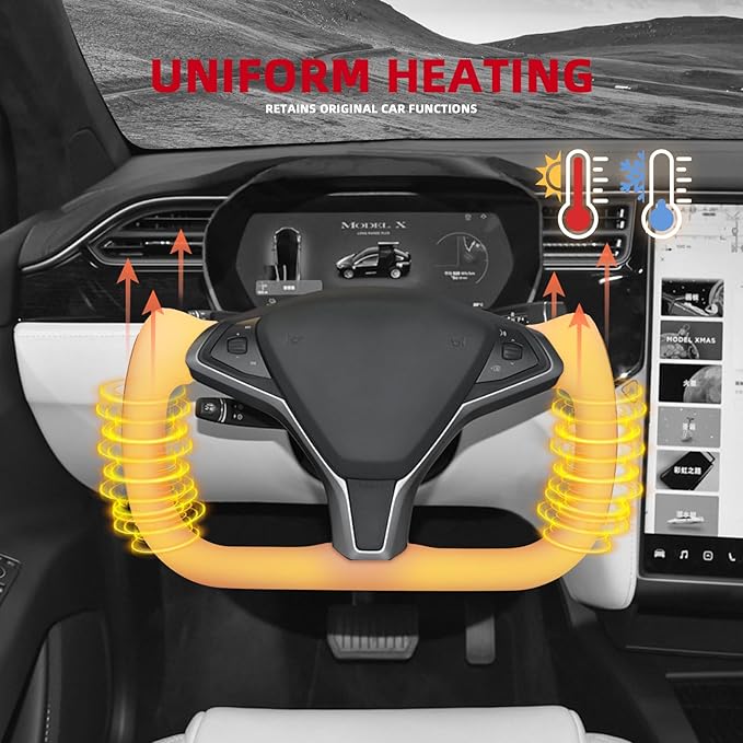 Yoke Steering Wheel, White Microfiber Smooth Leather with Side Glossy Carbon Fiber for Tesla Model X 2016-2020,For Tesla Model S 2014-2020 With Heating Function