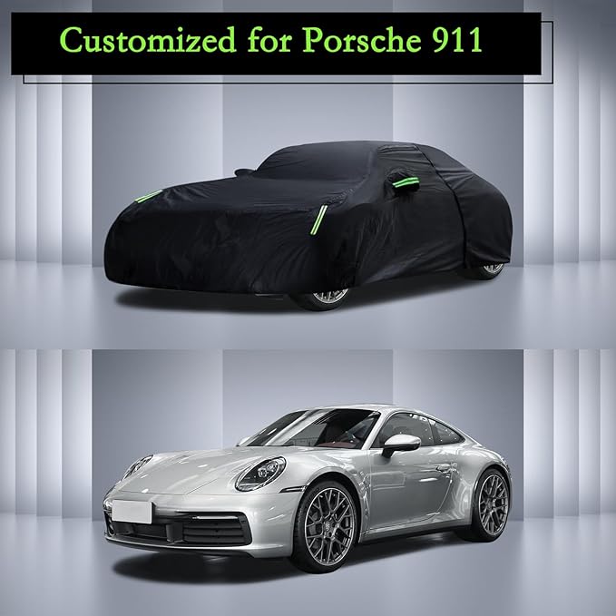 Car Cover Custom Fit for 1998-2025 Porsche 911 (991/992/996/997 Series) Carrera 4S/Turbo/Carrera, Waterproof All Weather Full Exterior Cover Rain Sun Protector with Door Zipper