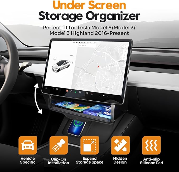 Hidden Under Screen Storage Box for 2016-2026 Tesla Model Y/Model 3 Accessories,One‑click open & Silent Damping Slides Center Console Organizer (Fit New Model Y Juniper/Model 3 Highland)