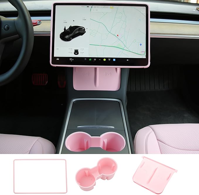 3PCS Center Console Accessories for Tesla Model Y 2021-2024 and Model 3 2021-2023 Cup Holder Insert, Screen Edge Protector Frame, Silicone Wireless Charger Mat, Pink