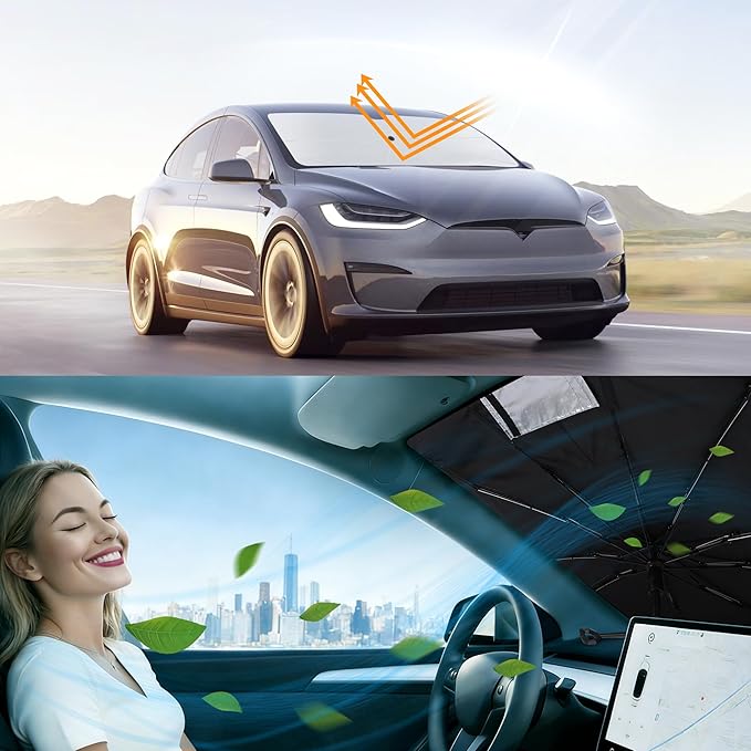 Windshield Sun Shade Umbrella Compatible with 2016-2026 Tesla Model X Tesla X Accessories Foldable Sunshade Front Sun Visor Protector Keep Car Cooler