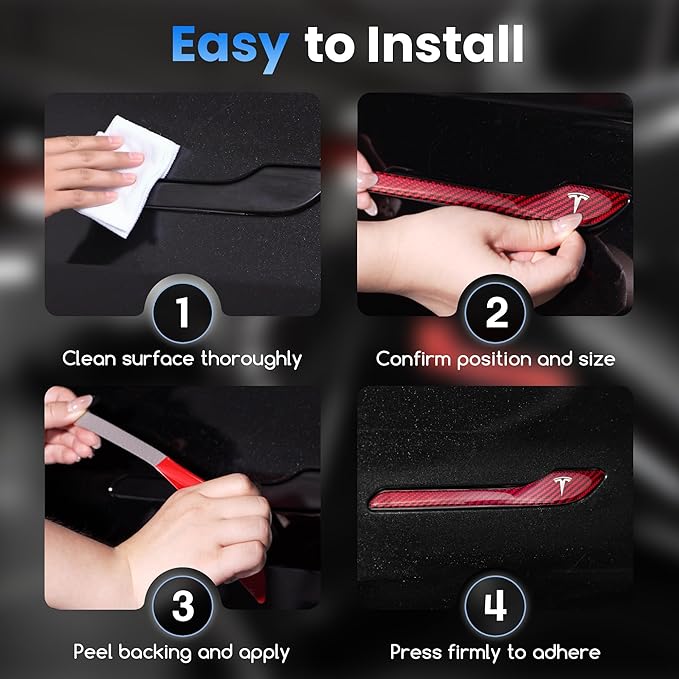 Polwlamks 4 Pack Door Handle Cover Fits Model Y/Model 3, Real Carbon Fiber Handle Cover Sticker, 3D Tesla Door Handle Protector Wrap Covers with 3M Self-Adhesive Backing, Tesla Red Accessories