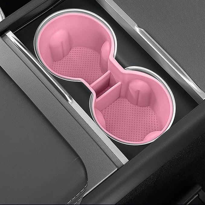 3PCS Center Console Accessories for Tesla New Model Y Juniper 2026 2025 Model 3 Highland 2024 Cup Holder Insert, Screen Edge Protector Frame, Wireless Charger Mat Silicone, Pink