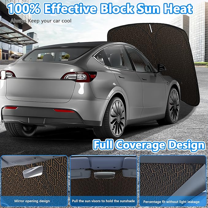 Iridescent Windshield Sun Shade Custom Fit Tesla Model 3/Y, Upgrade 5 Layers 480T Laser Titanium Silver Window Car Sunshade, Mirror Cut-Out, Rhombus Lattice Shades for Front Window, Block UV Rays Heat