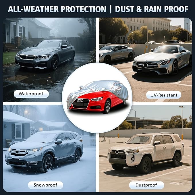 Car Cover Waterproof All Weather for Audi A3 1998-2025,All-Around Fastening and 4 Upgrades, 30s Quick-Install for Car Cover