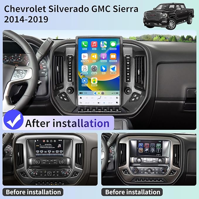 Qualcomm Car Radio for Chevrolet Silverado GMC Sierra 2014-2019 Stereo Replacement Head Unit 14.4 Inch 2K IPS Touch Screen Tesla Style Carplay Android Auto GPS OEM 8 Inch (Carbon Fibre)
