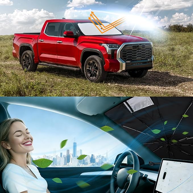 Windshield Sun Shade Umbrella Accessories Compatible with 2007 2008 2009 2010-2026 Tundra for Toyota Foldable Sunshade Sun Visor Blocks UV