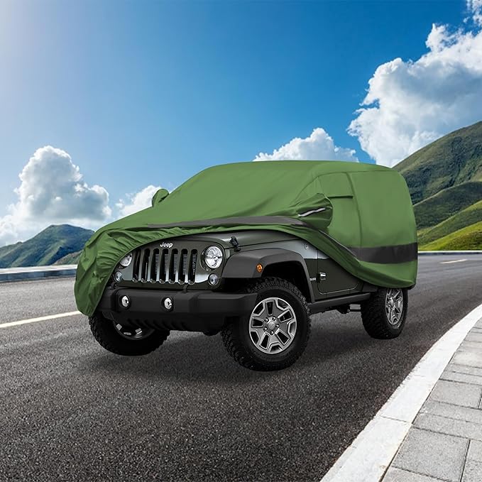 Heavy Duty Outdoor Car Cover Compatible with 2007-2026 Jeep Wrangler 2 Door,Waterproof All Weather for Automobiles, Outdoor Full Cover Rain Sun UV Protection with Zipper Cotton