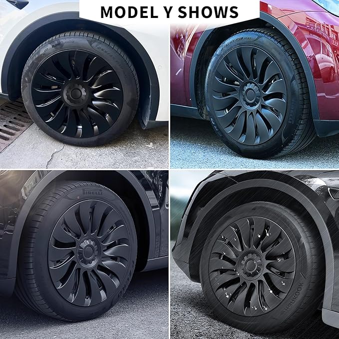 Tesla Model Y Wheel Covers 19 Inch 2020-2024 Uberturbine Tesla Model Y Uberturbine Hubcaps Left-Right Aero Symmetry, Matte Black, Wind Drag Reduction Model Y Accessories with Tire Repair Kit (4 Pack)
