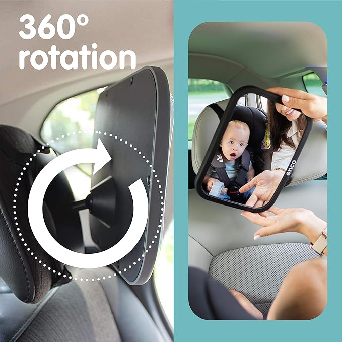 Onco Baby Car Mirror Rear Facing - Double Award-Winning Convex Car Mirror for Baby, 100% Shatterproof & Shakeproof with 360° Rotation, Newborn Essentials (9.6 x 6.9 in)