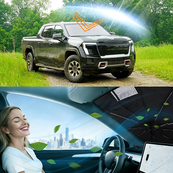 Windshield Sun Shade Umbrella Custom Fit for 2019-2026 GMC Sierra 1500 2500 3500 Accessories Foldable Sunshade Sun Blocker Protect Car from Sun Rays & Heat Damage Keep Car Cooler